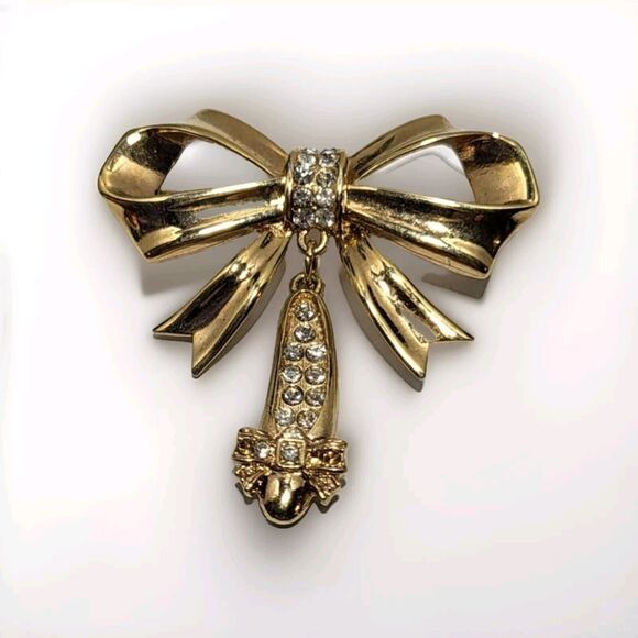 J Jonette Jewelry - JJ Jonette Gold tone Ribbon Bow Rhinestone Ballet Slipper Vintage Signed Brooch